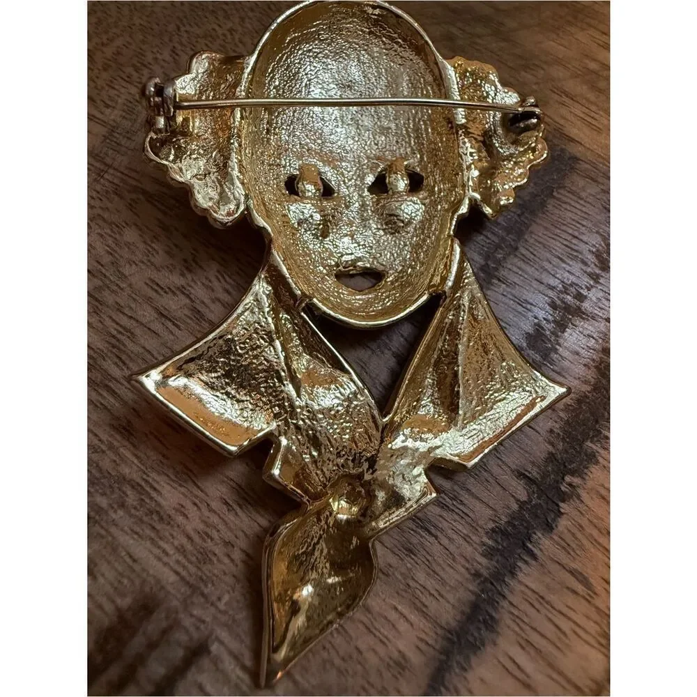 Vintage Gold Clown Face Brooch Statement Women Jewelry Art Unique Pin